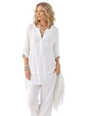 Light Blue Striped Kaktus Waffle Gauze Tunic Shirt 100% Cotton XL Lagenlook